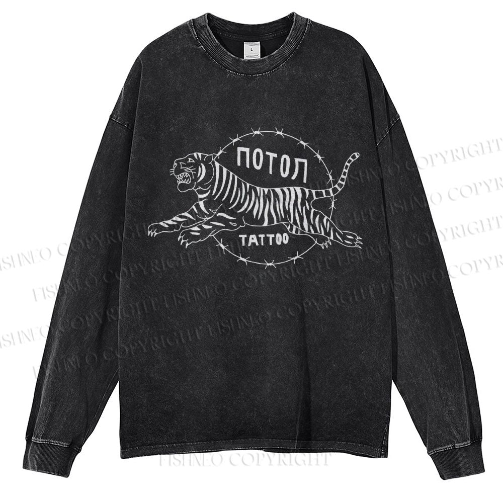 Unisex Casual Washed  Japanese Style Vintage Tiger Printed Long Sleeve T-shirt