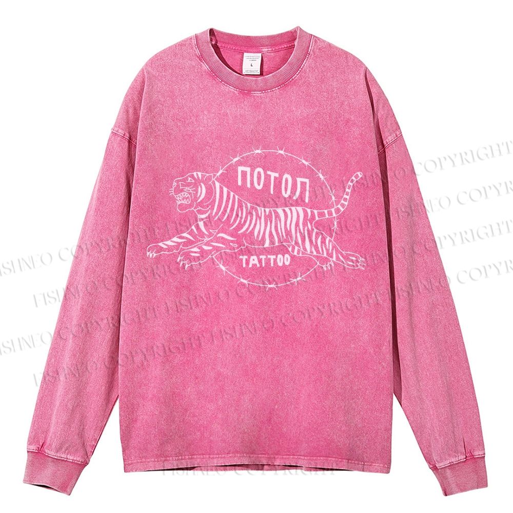 Unisex Casual Washed  Japanese Style Vintage Tiger Printed Long Sleeve T-shirt