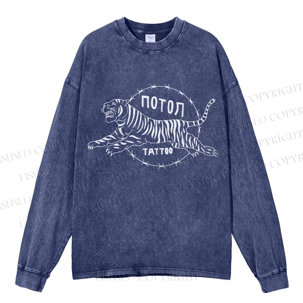 Unisex Casual Washed  Japanese Style Vintage Tiger Printed Long Sleeve T-shirt