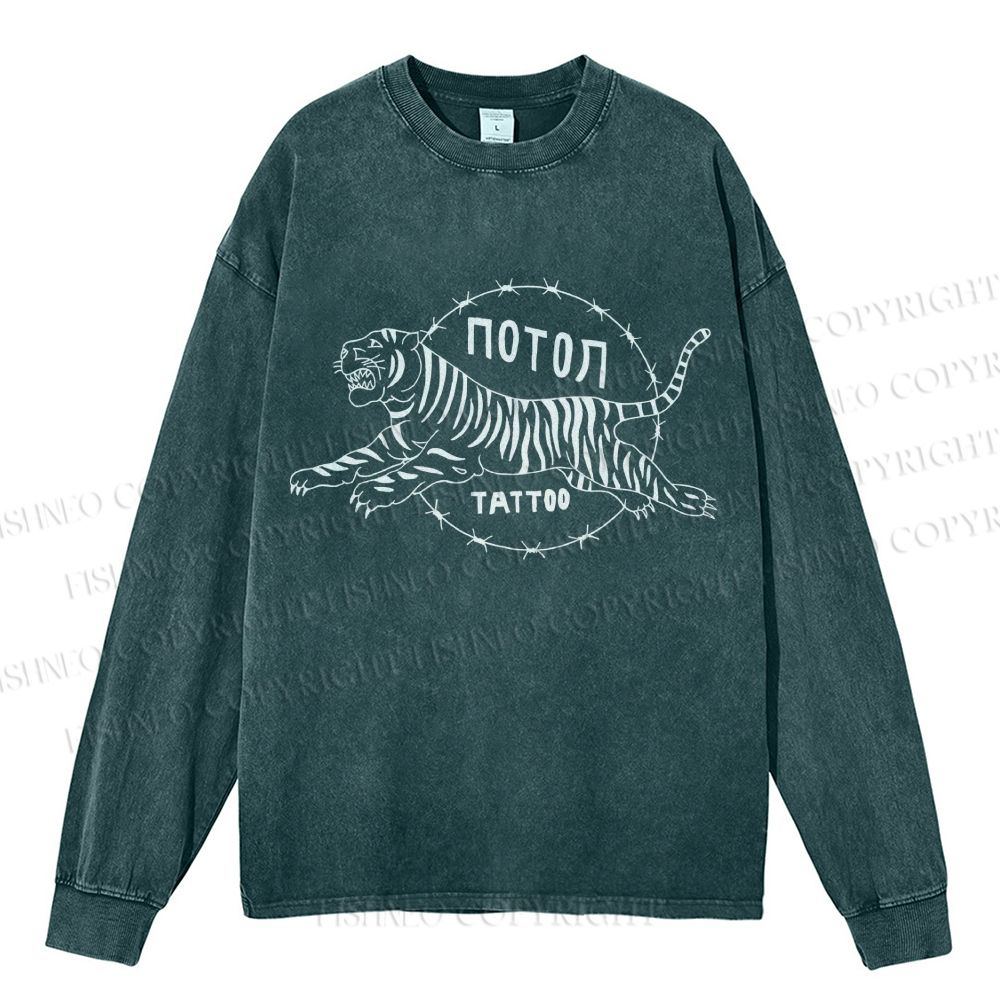 Unisex Casual Washed  Japanese Style Vintage Tiger Printed Long Sleeve T-shirt