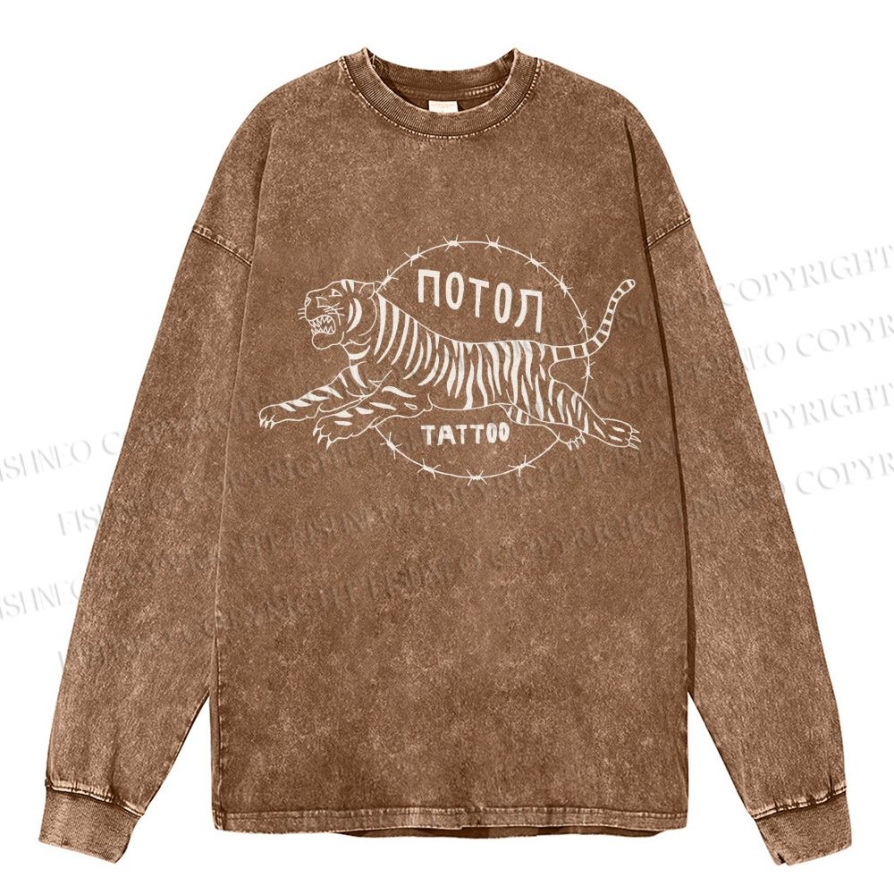 Unisex Casual Washed  Japanese Style Vintage Tiger Printed Long Sleeve T-shirt