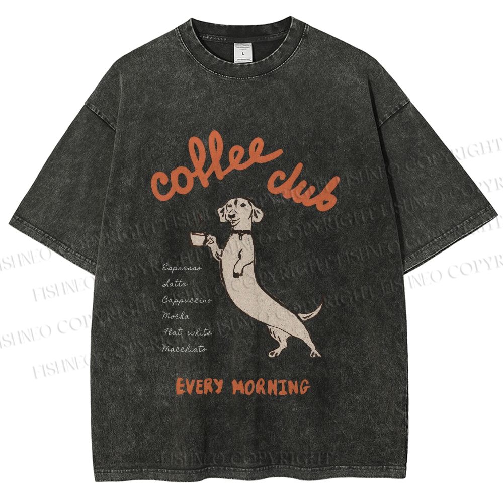 Unisex Dachshund Coffee Club Morning Printed Washed Tee