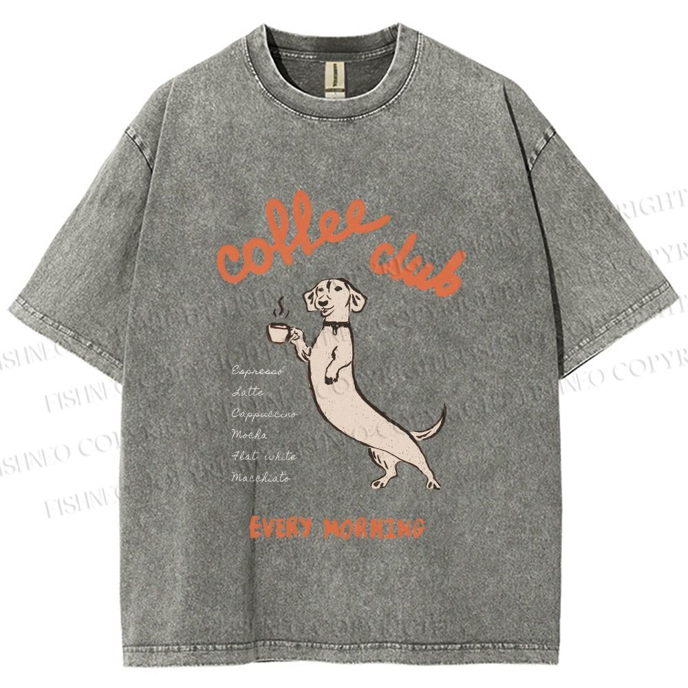 Unisex Dachshund Coffee Club Morning Printed Washed Tee