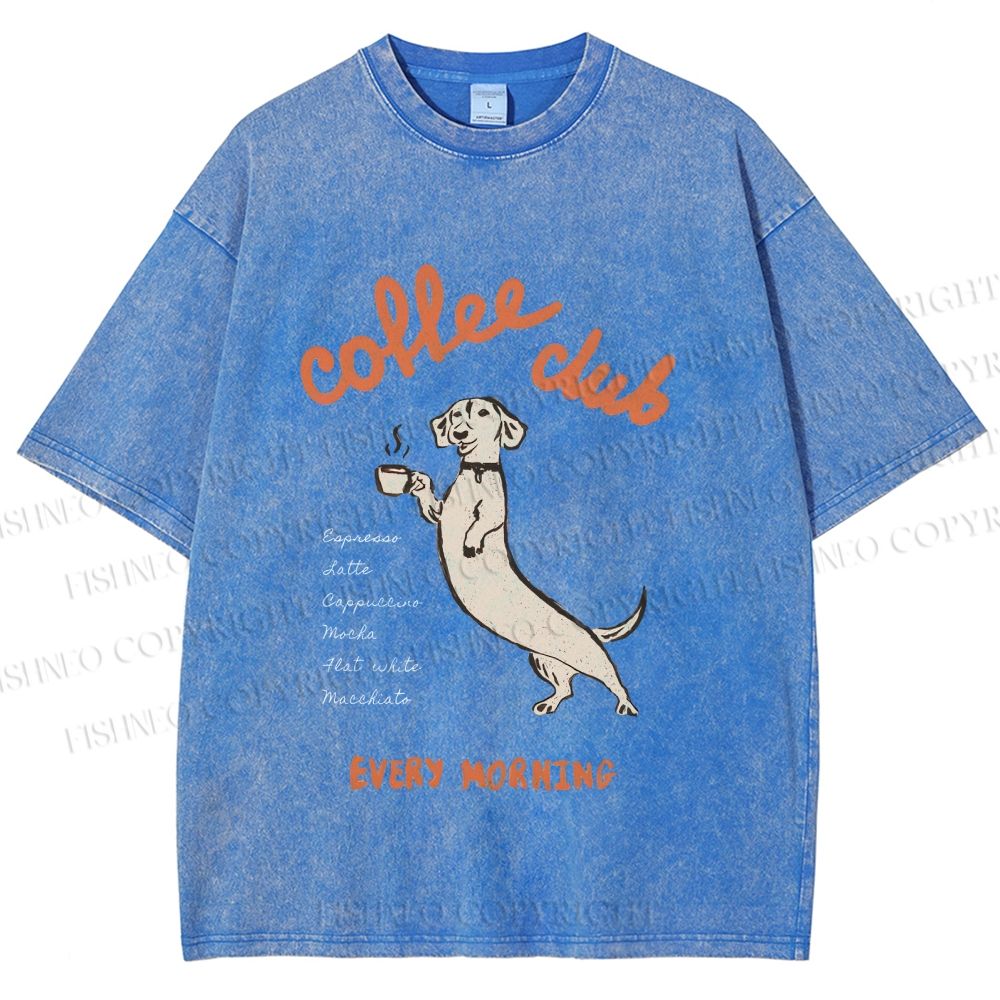 Unisex Dachshund Coffee Club Morning Printed Washed Tee