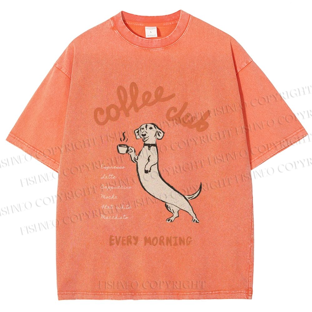 Unisex Dachshund Coffee Club Morning Printed Washed Tee