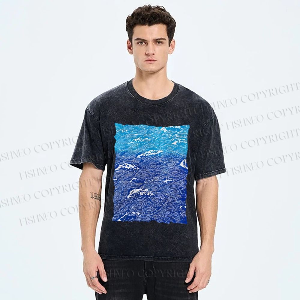 Unisex Blue Wave Printed Washed Tee