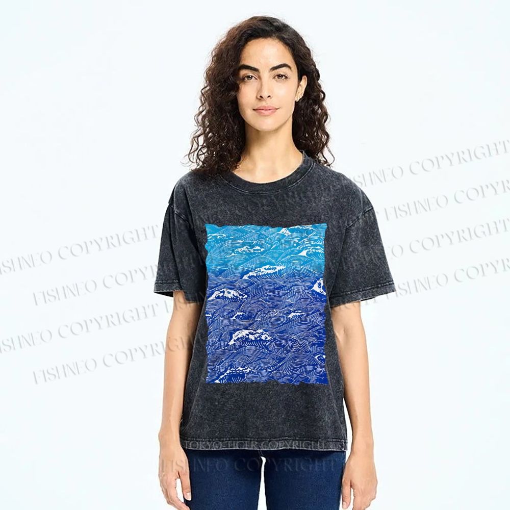 Unisex Blue Wave Printed Washed Tee