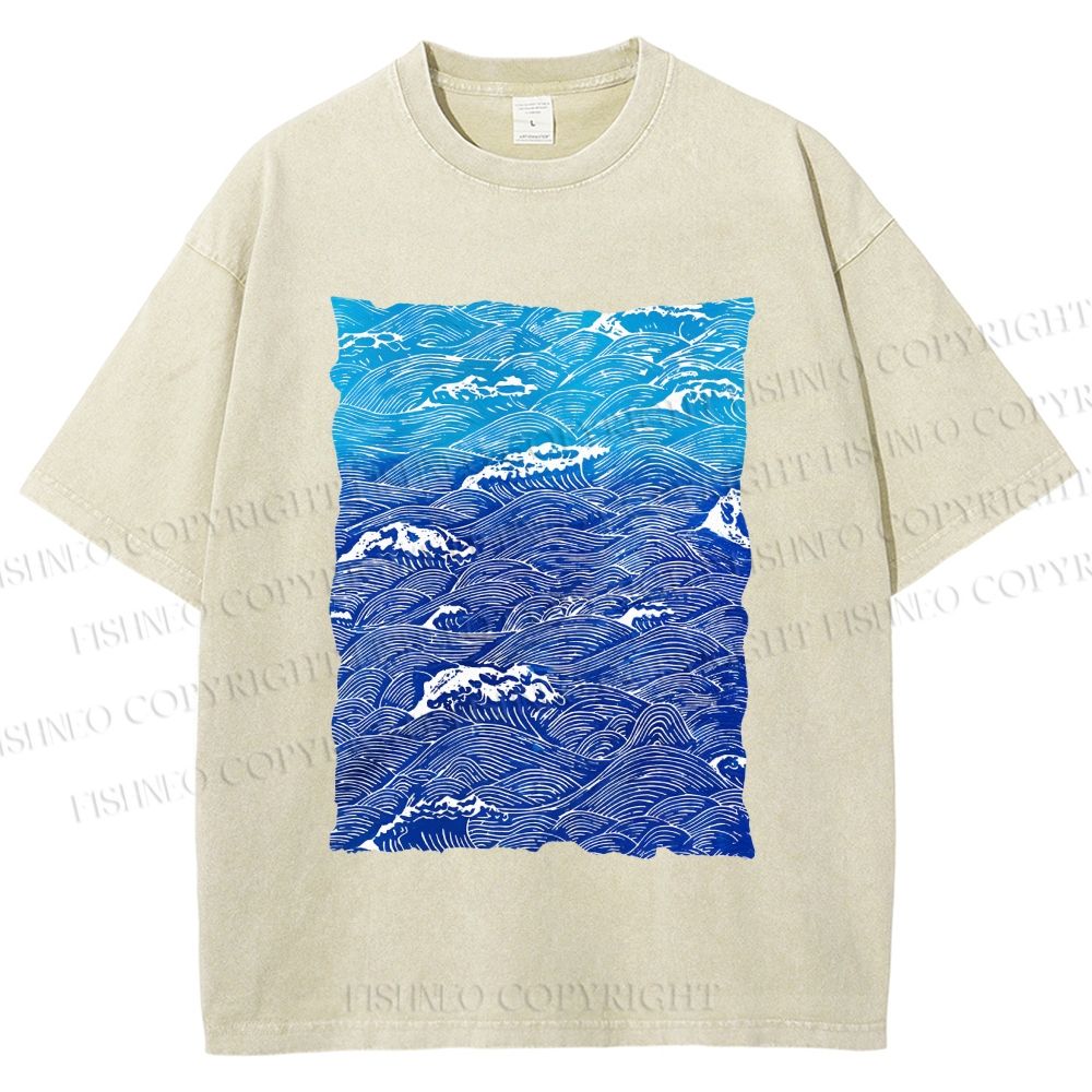 Unisex Blue Wave Printed Washed Tee