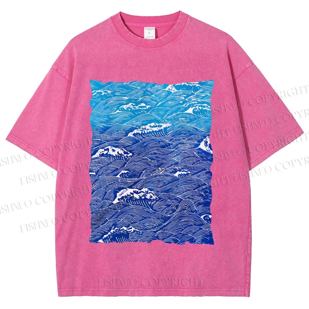 Unisex Blue Wave Printed Washed Tee