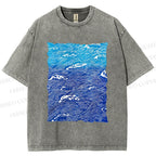 Unisex Blue Wave Printed Washed Tee