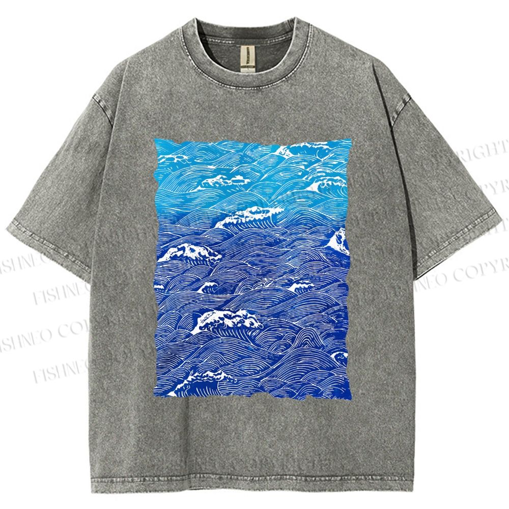 Unisex Blue Wave Printed Washed Tee