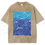 Unisex Blue Wave Printed Washed Tee