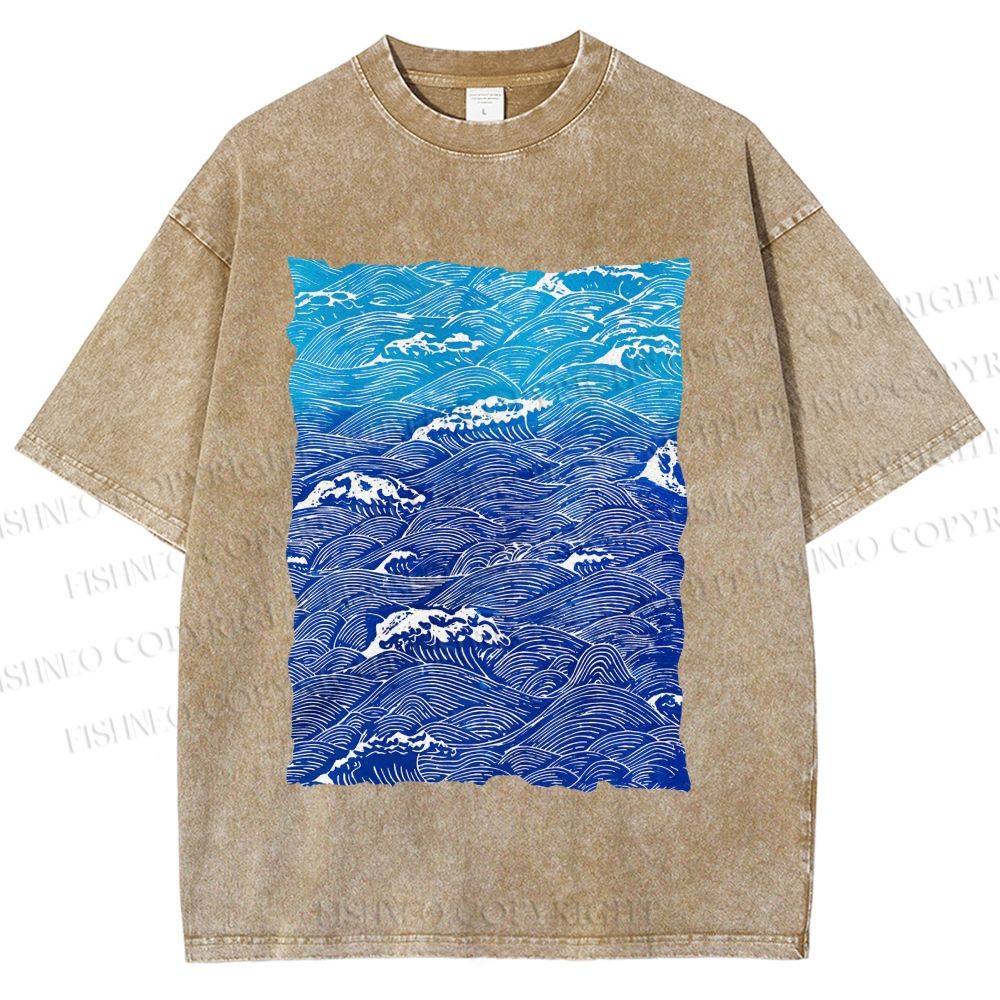Unisex Blue Wave Printed Washed Tee
