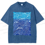 Unisex Blue Wave Printed Washed Tee