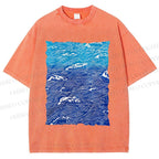 Unisex Blue Wave Printed Washed Tee