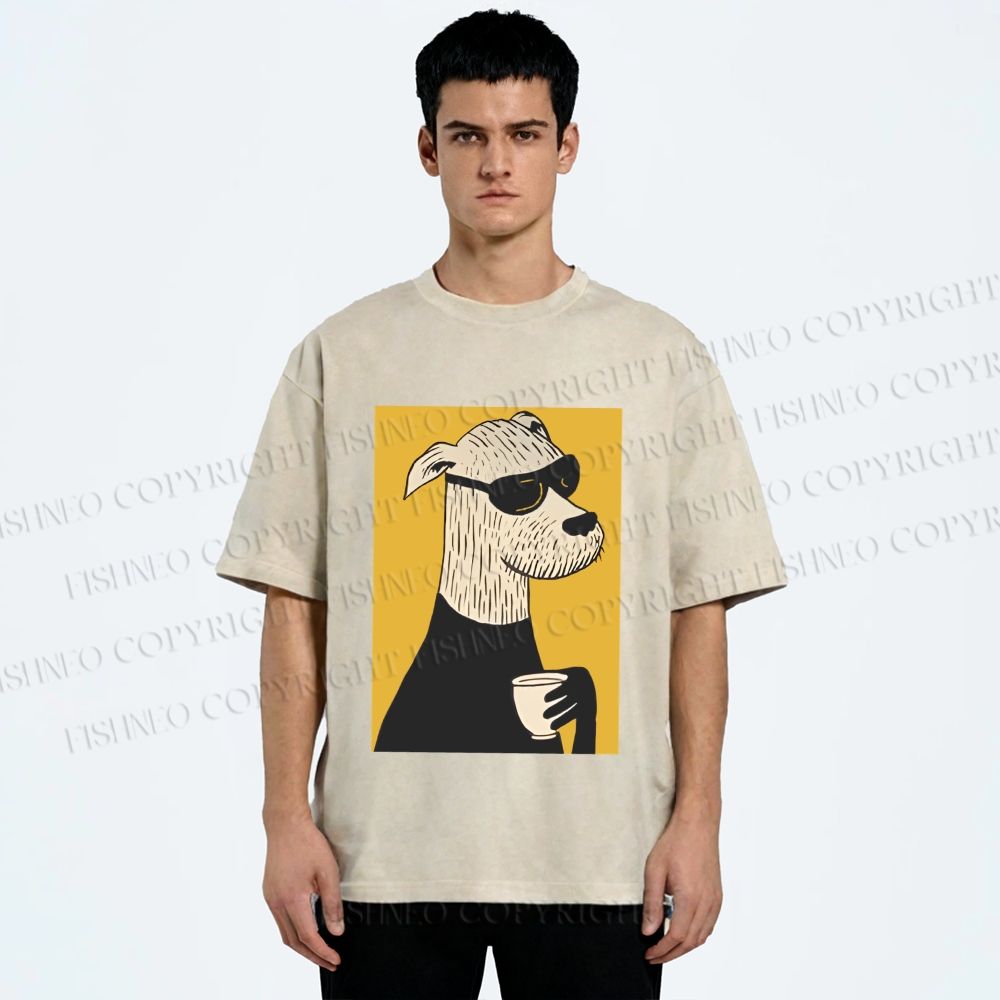 Unisex Cool Canine Coffee Break Printed Washed Tee