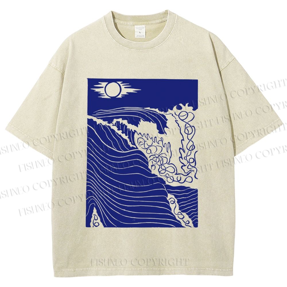 Unisex Adrift on the Sea Wave Printed Washed Tee