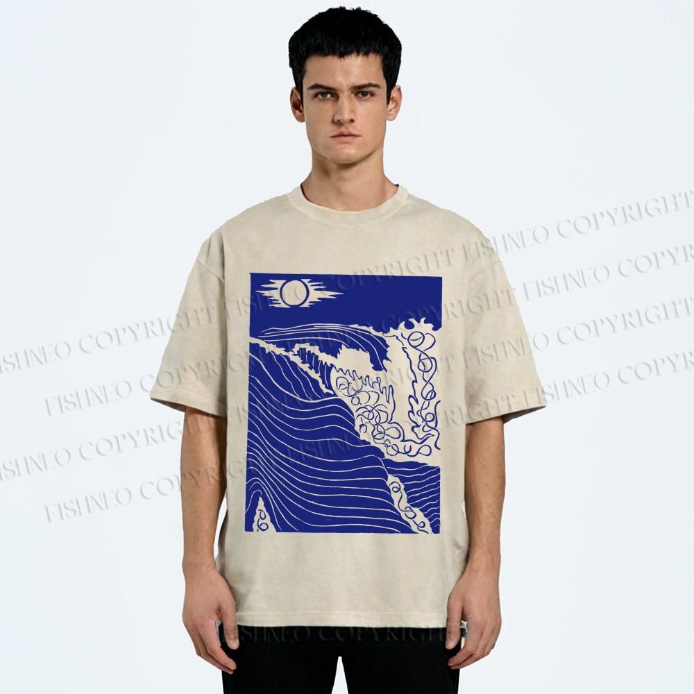 Unisex Adrift on the Sea Wave Printed Washed Tee