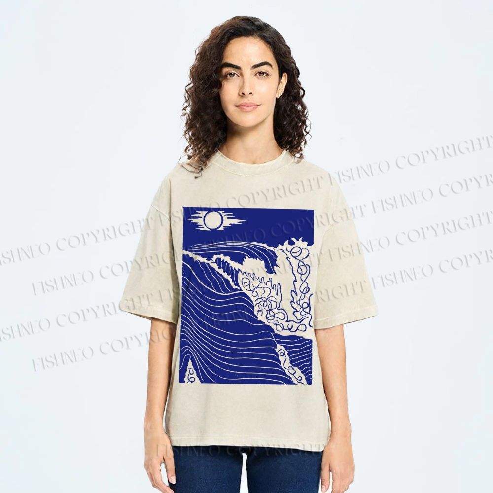 Unisex Adrift on the Sea Wave Printed Washed Tee