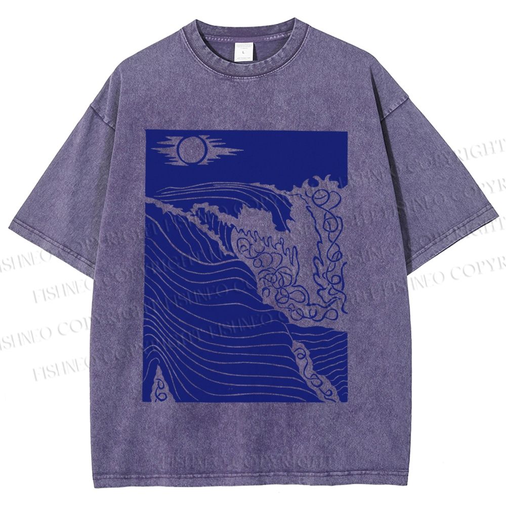 Unisex Adrift on the Sea Wave Printed Washed Tee