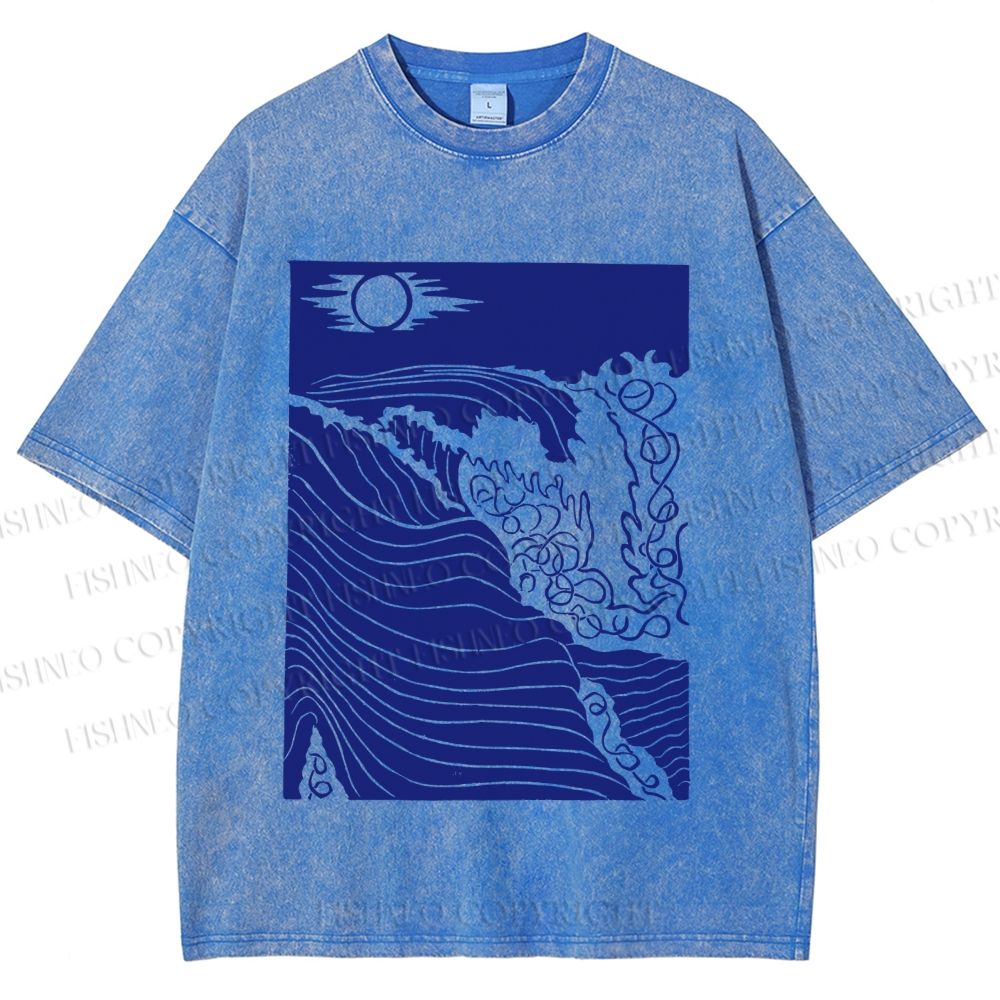 Unisex Adrift on the Sea Wave Printed Washed Tee