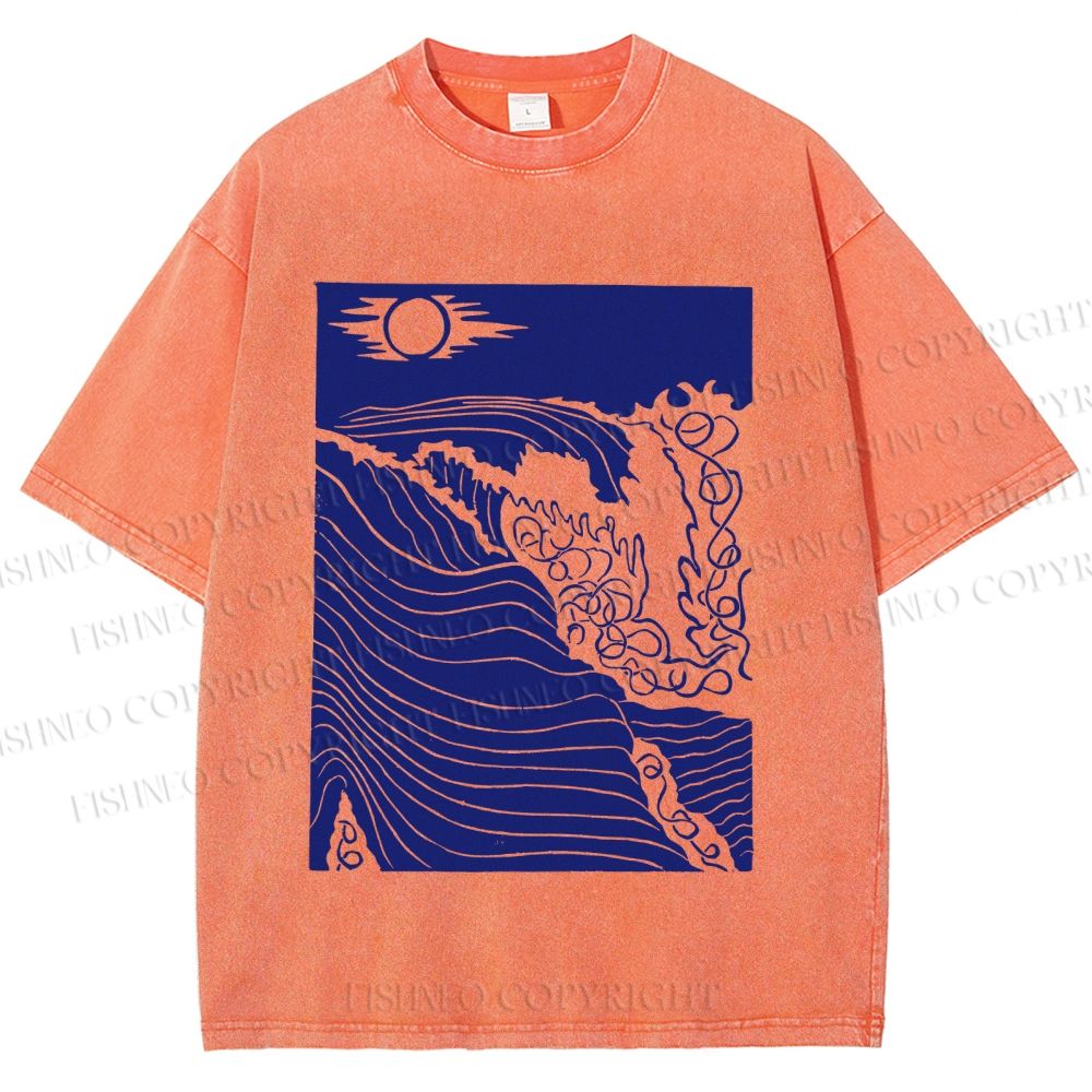 Unisex Adrift on the Sea Wave Printed Washed Tee