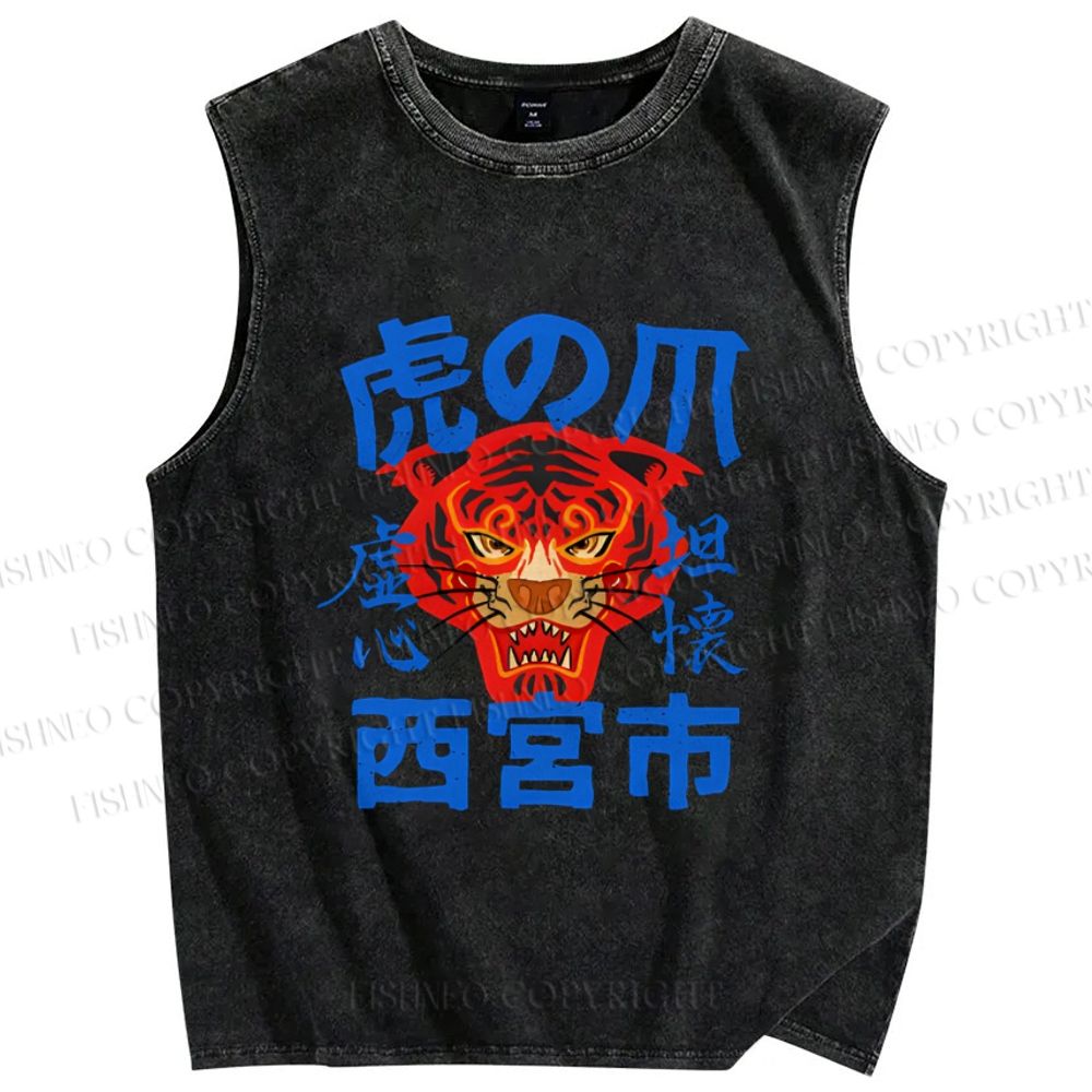 Unisex  Tiger Japanese Style Printed Washed Tank Top