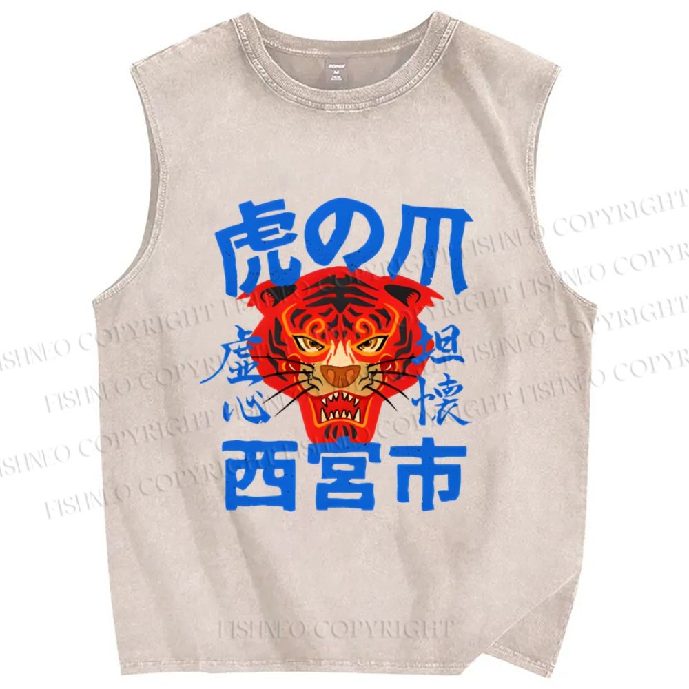 Unisex  Tiger Japanese Style Printed Washed Tank Top