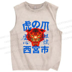 Unisex  Tiger Japanese Style Printed Washed Tank Top