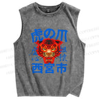 Unisex  Tiger Japanese Style Printed Washed Tank Top