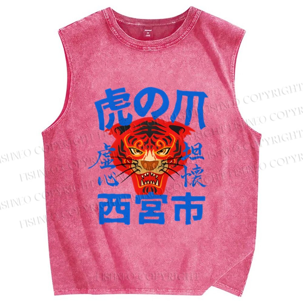 Unisex  Tiger Japanese Style Printed Washed Tank Top