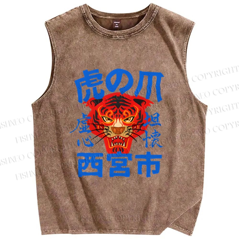 Unisex  Tiger Japanese Style Printed Washed Tank Top