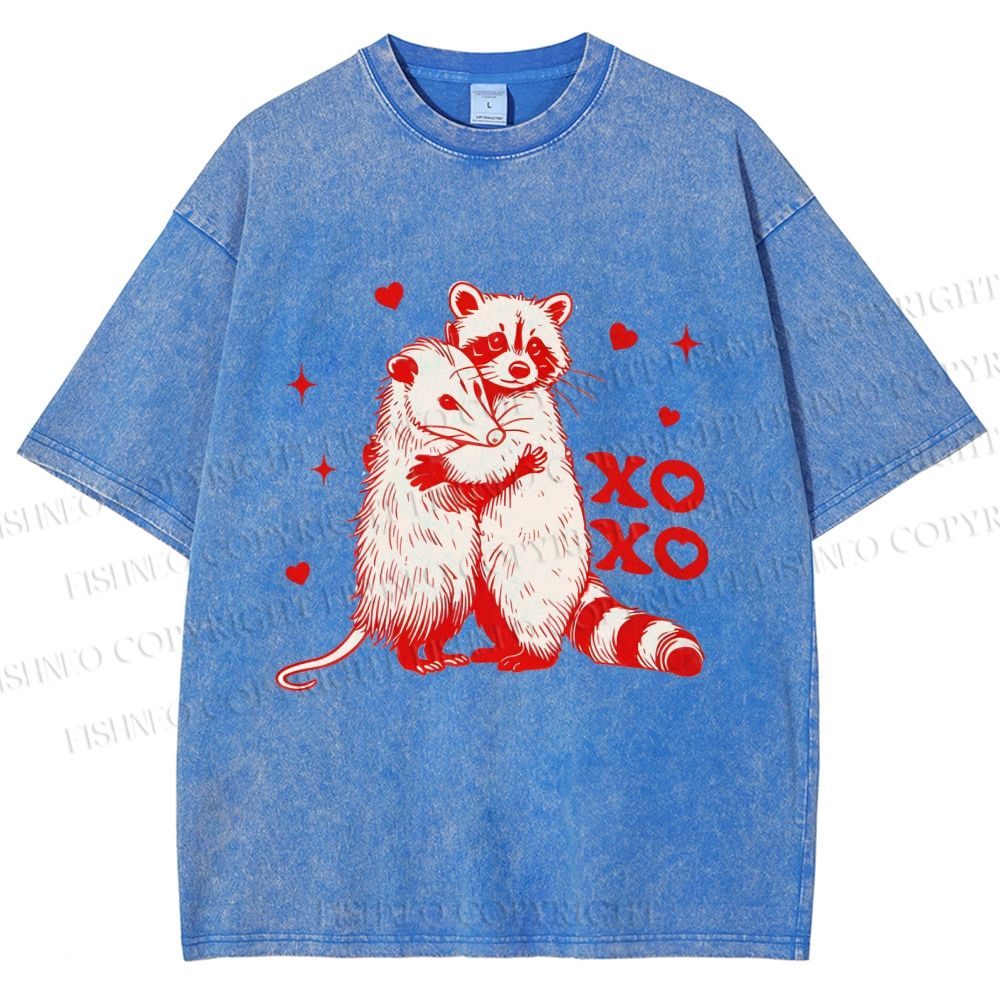 Unisex Raccoon-Possum Love Hug Printed Washed Tee