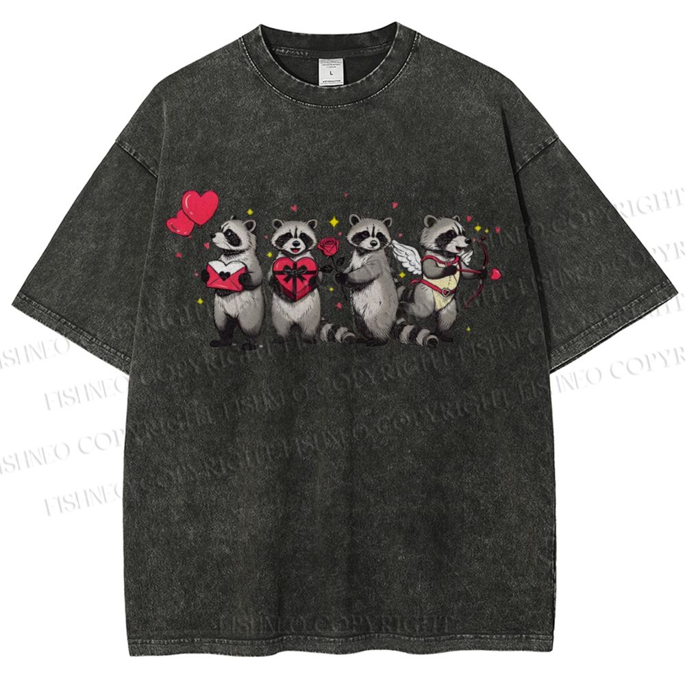 Unisex Love-Struck Raccoon Cupid Printed Washed Tee