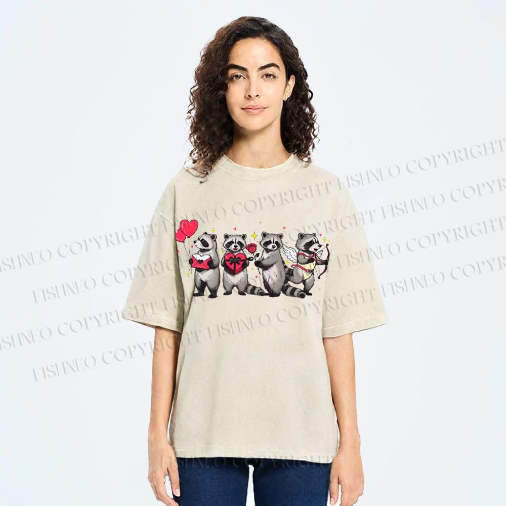 Unisex Love-Struck Raccoon Cupid Printed Washed Tee