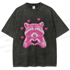 Unisex Heart-Making Raccoon Printed Washed Tee