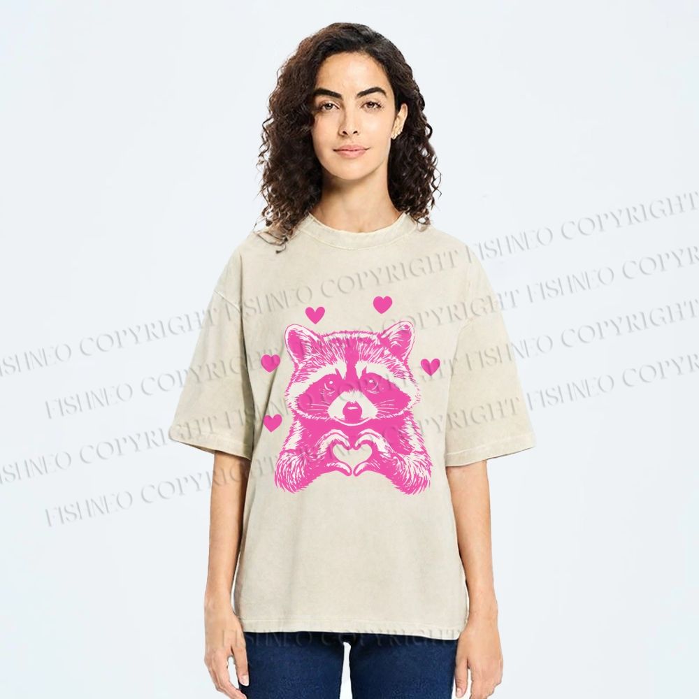 Unisex Heart-Making Raccoon Printed Washed Tee