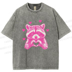 Unisex Heart-Making Raccoon Printed Washed Tee
