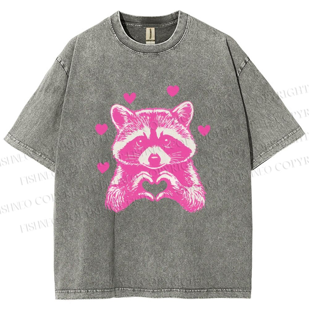 Unisex Heart-Making Raccoon Printed Washed Tee