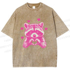 Unisex Heart-Making Raccoon Printed Washed Tee