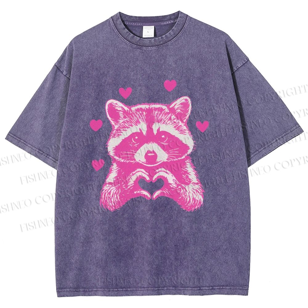 Unisex Heart-Making Raccoon Printed Washed Tee