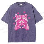 Unisex Heart-Making Raccoon Printed Washed Tee