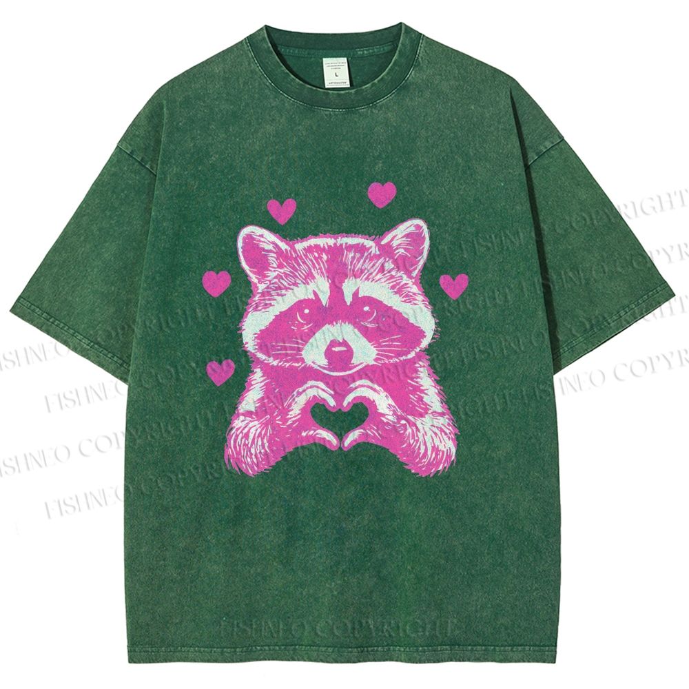Unisex Heart-Making Raccoon Printed Washed Tee