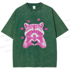 Unisex Heart-Making Raccoon Printed Washed Tee