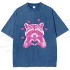 Unisex Heart-Making Raccoon Printed Washed Tee