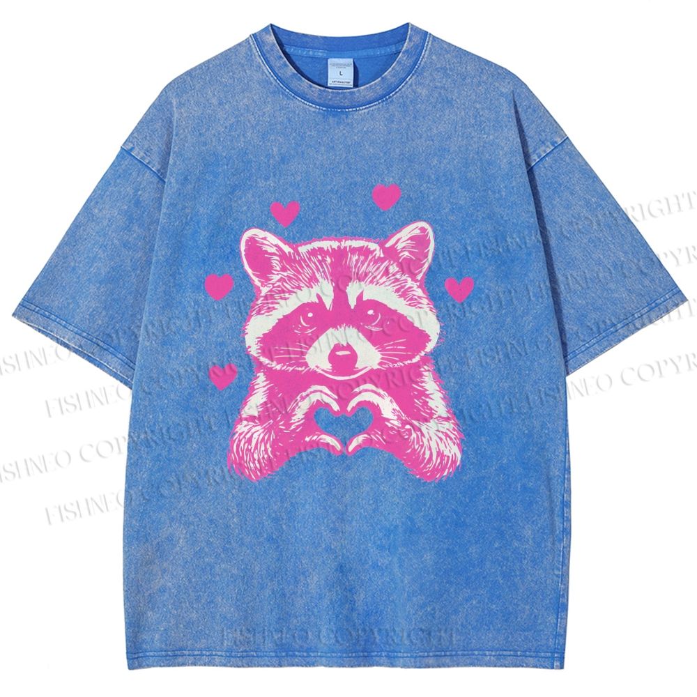 Unisex Heart-Making Raccoon Printed Washed Tee