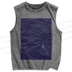 Unisex Lonely ship in Sea Wave Printed Washed Tank Top