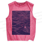 Unisex Lonely ship in Sea Wave Printed Washed Tank Top