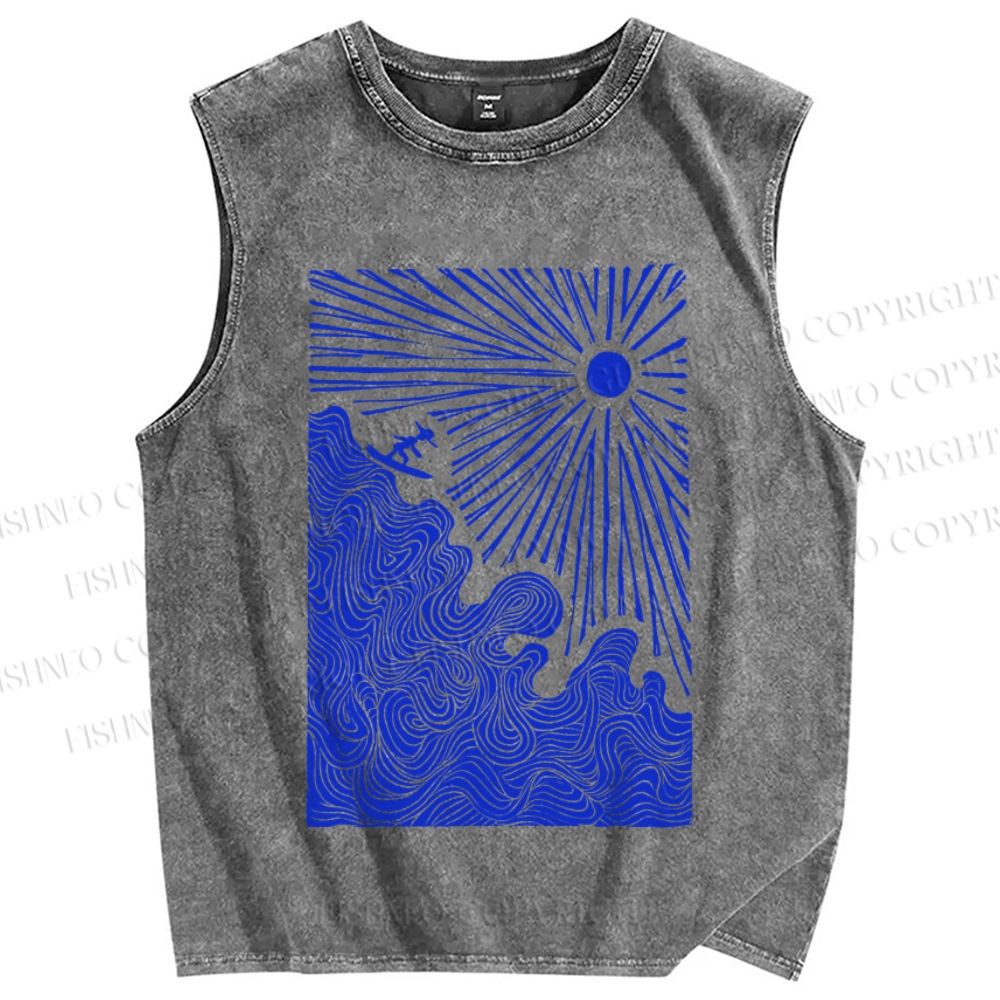 Unisex Surf the Sea Wave Printed Washed Tank Top
