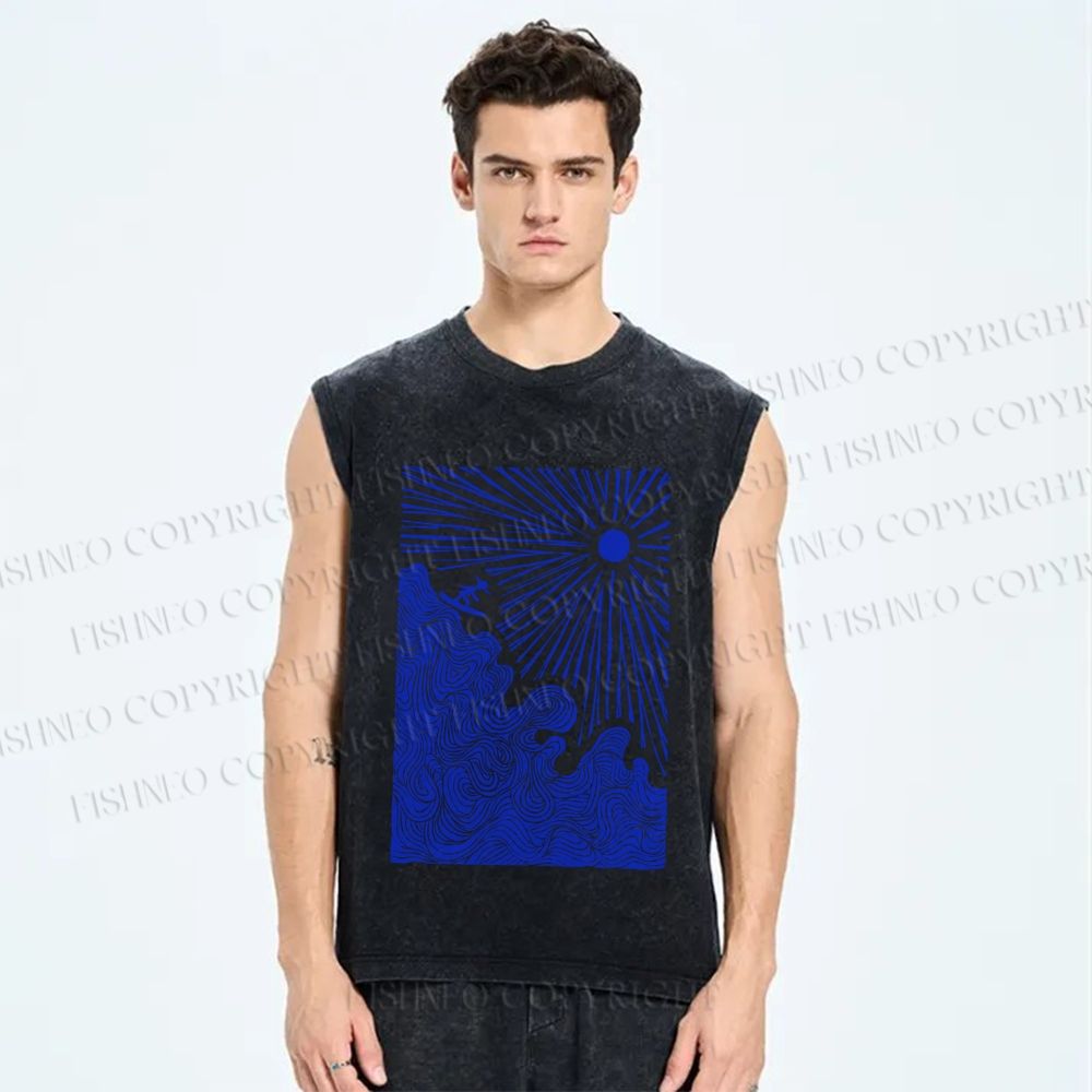Unisex Surf the Sea Wave Printed Washed Tank Top